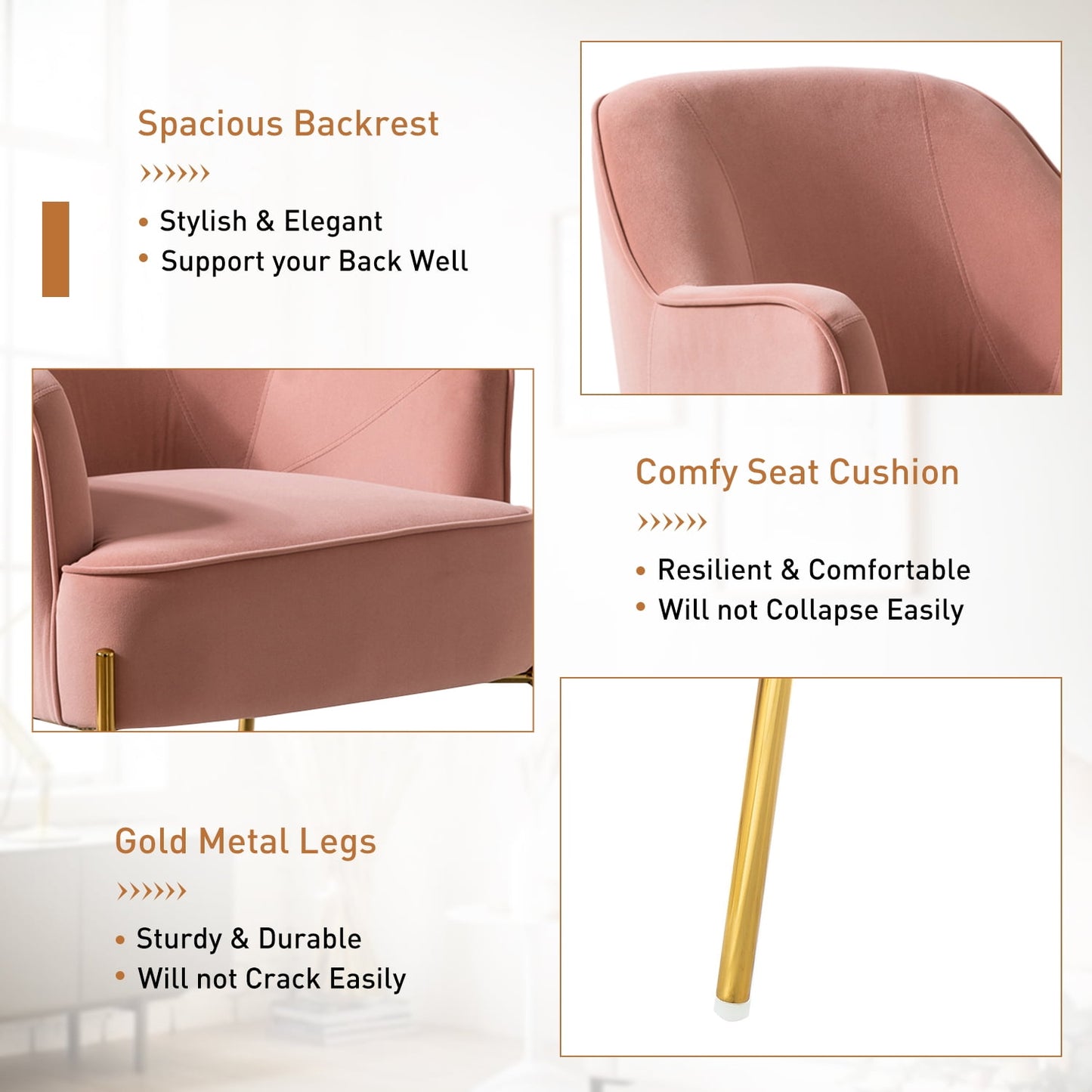 Velvet Upholstered Accent Chair Metal Legs Curved Backrest Lounge Home Armchair Bedroom Adult Pink
