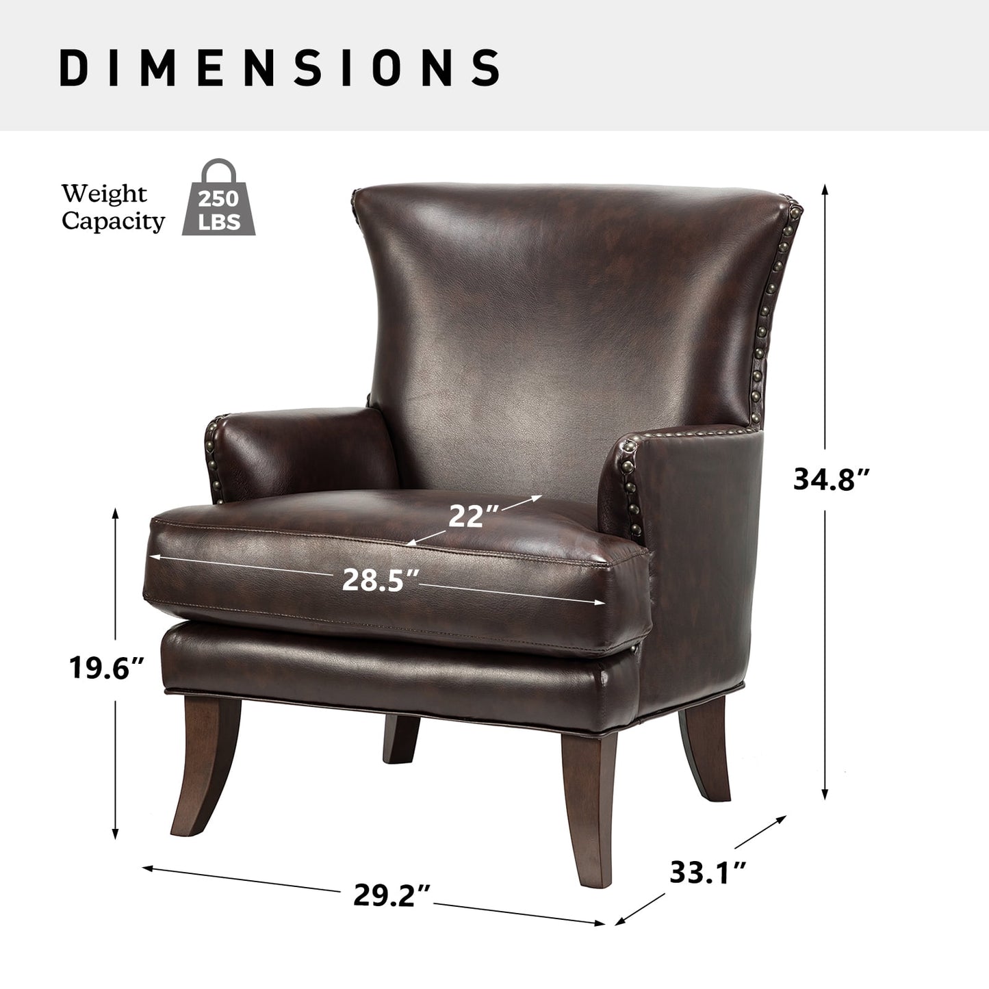 14 Karat Home Vegan Leather Accent Armchair, Upholstered Wingback with Nailhead Trim, Solid Wood Legs, Brown