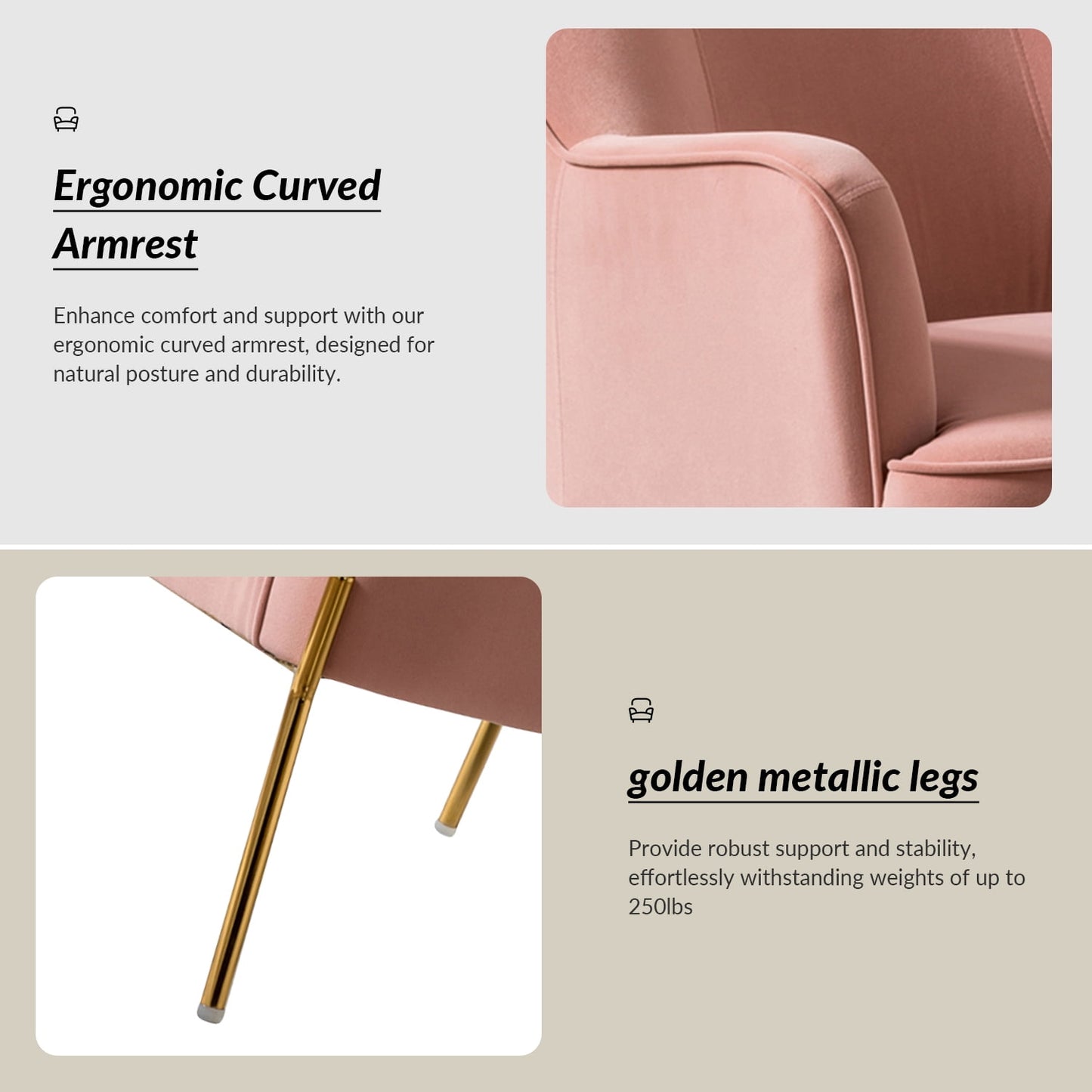 Velvet Upholstered Accent Chairs Set of 2 Metal Legs Curved Backrest Armchairs Bedroom Adult Pink