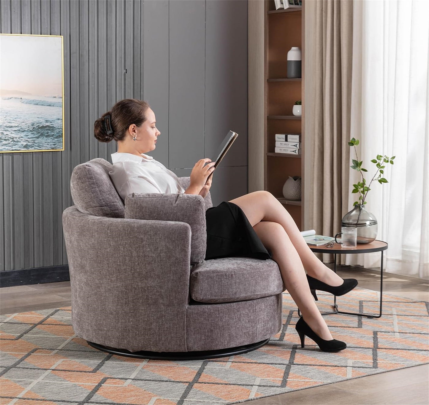 Aukfa 42in Oversized Swivel Accent Chair Barrel Chair w/ 3 Pillows for Living Room, Chenille, Gray