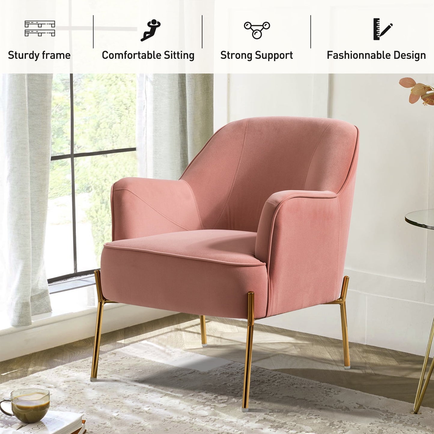 Velvet Upholstered Accent Chair Metal Legs Curved Backrest Lounge Home Armchair Bedroom Adult Pink