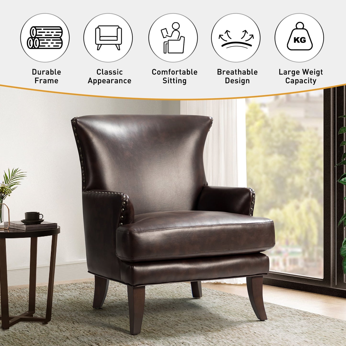 14 Karat Home Vegan Leather Accent Armchair, Upholstered Wingback with Nailhead Trim, Solid Wood Legs, Brown