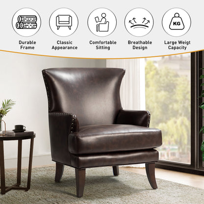 14 Karat Home Vegan Leather Accent Armchair, Upholstered Wingback with Nailhead Trim, Solid Wood Legs, Brown