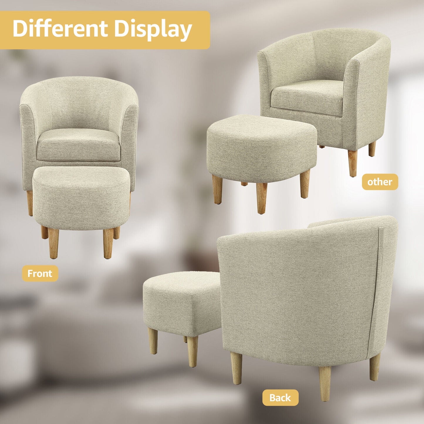 Accent Arm Chair with Ottoman, Modern Home Leisure Reading Chair Footrest Single Sofa, Light Yellow