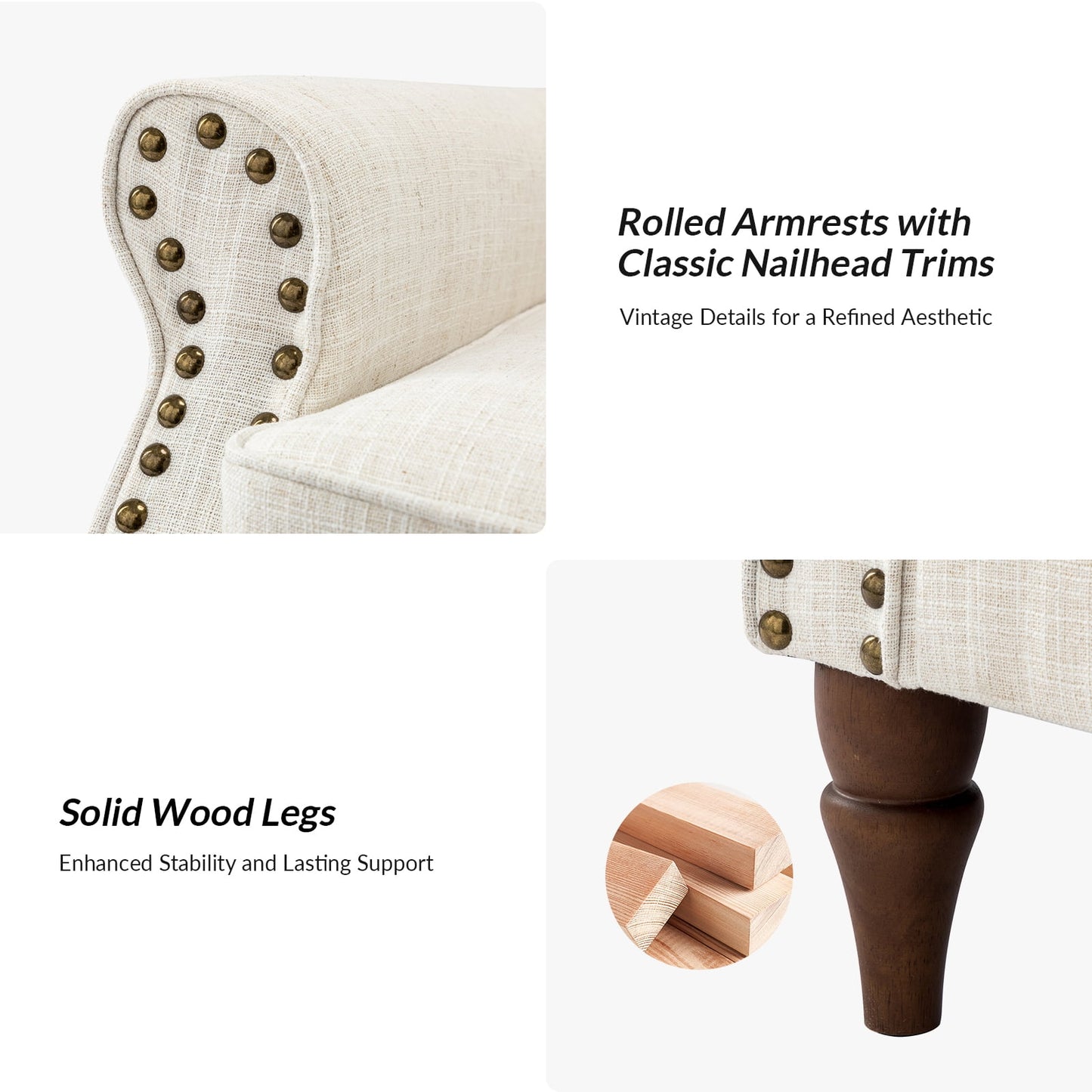 Wingback Accent Chairs Wood Legs Set of 2 Upholstered Sofa Armchairs Fabric Nailhead Trim Home Living Room Bedroom Ivory