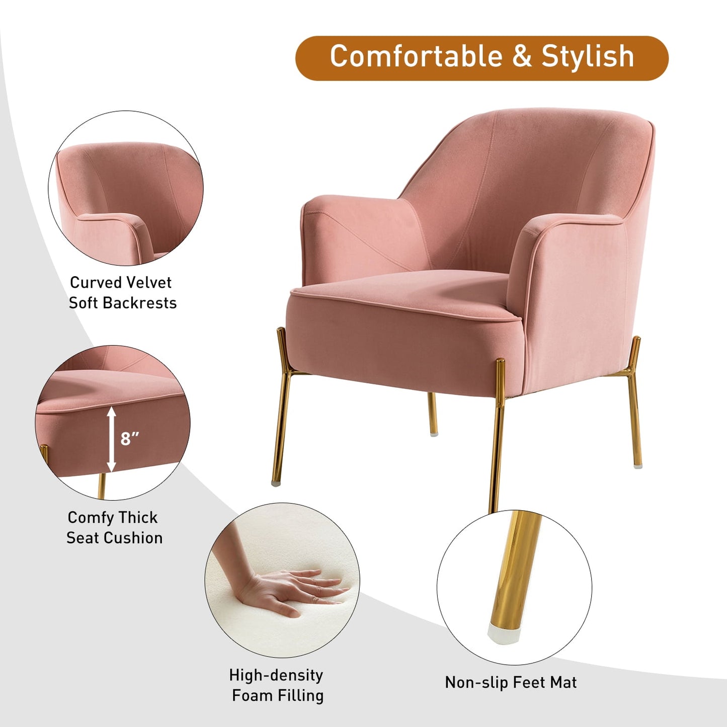 Velvet Upholstered Accent Chairs Set of 2 Metal Legs Curved Backrest Armchairs Bedroom Adult Pink
