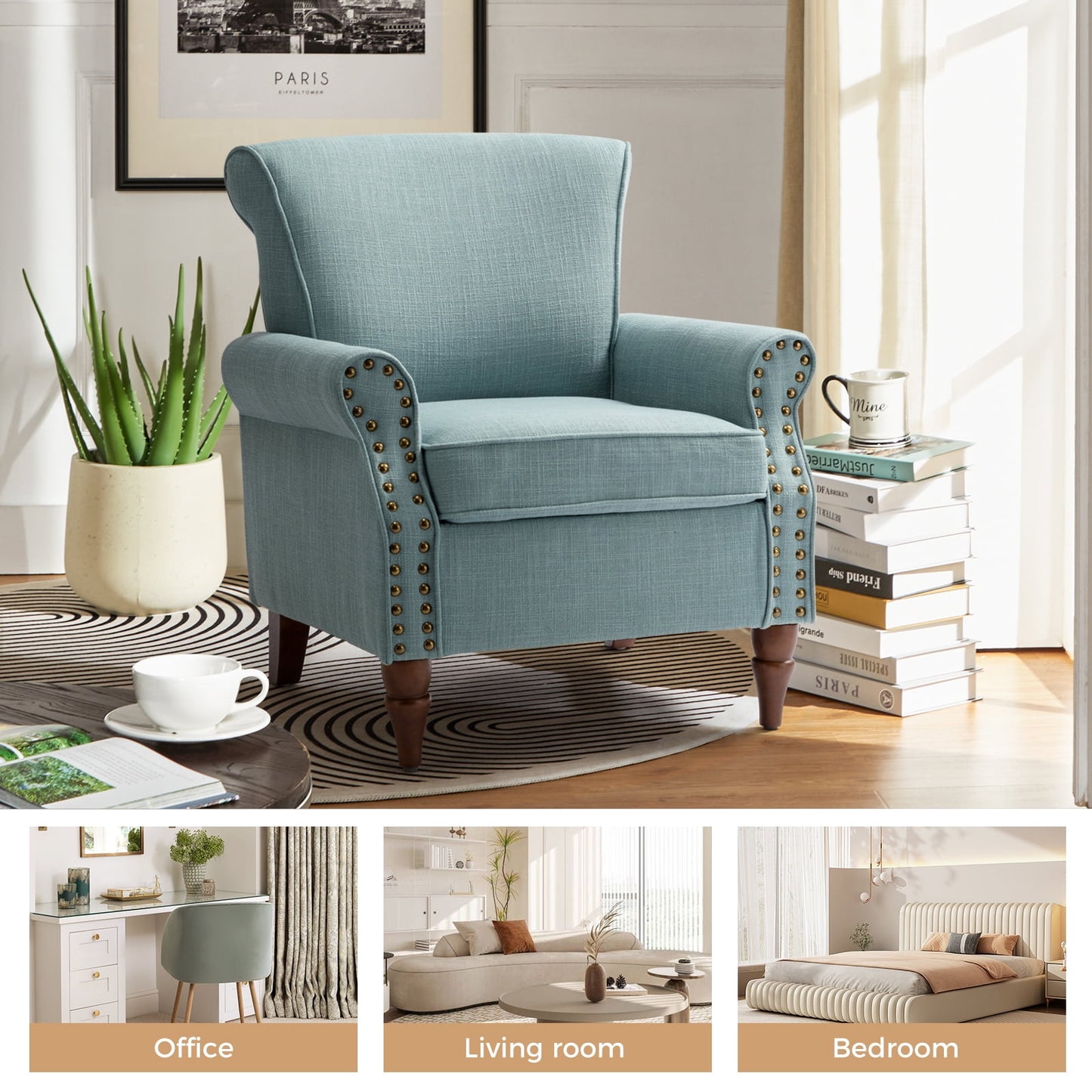Wingback Accent Chairs Wood Legs Set of 2 Upholstered Sofa Armchairs Fabric Nailhead Trim Home Living Room Bedroom Blue