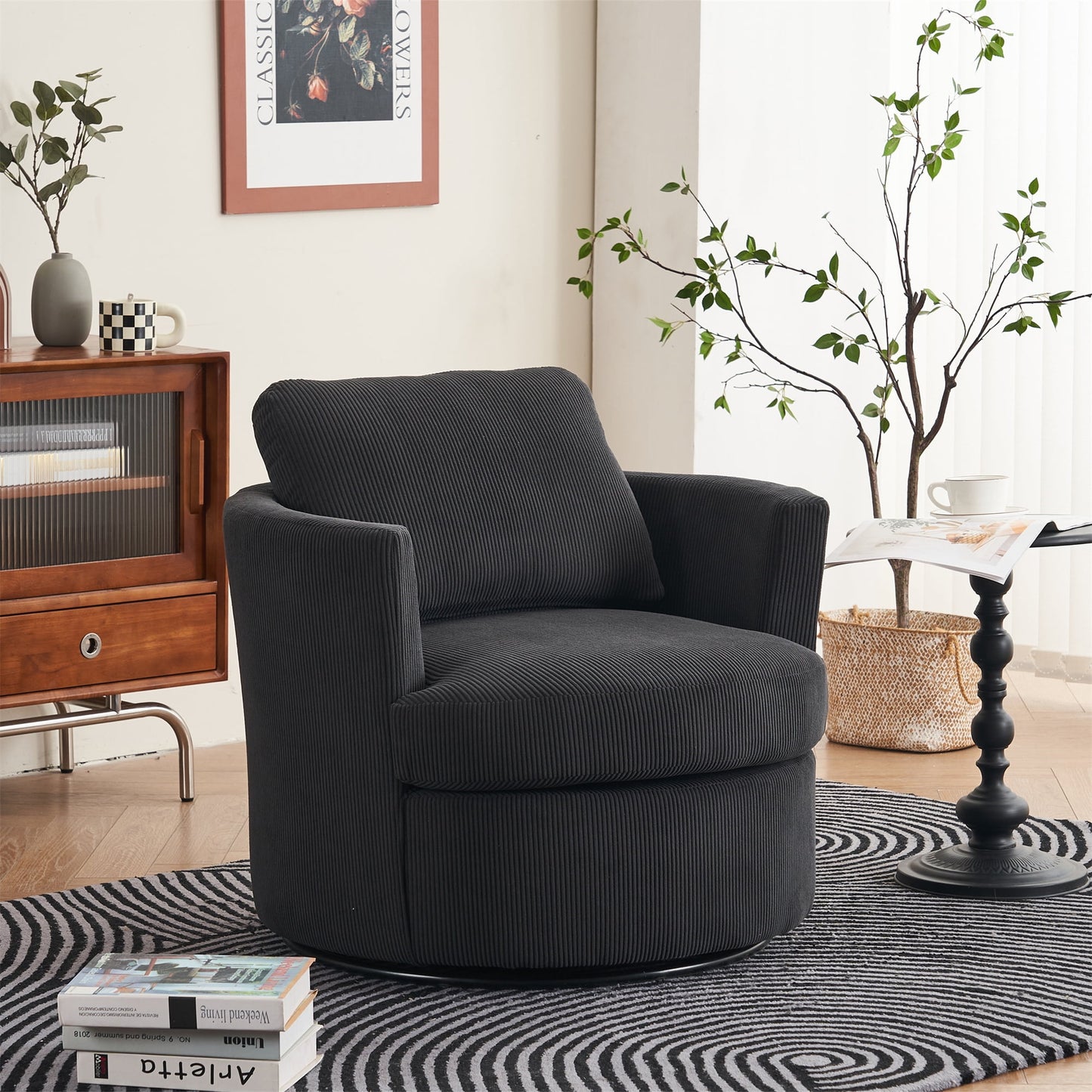 Aukfa 32in Swivel Accent Chair Barrel Chair with Pillow for Living Room Bedroom, Corduroy, Black