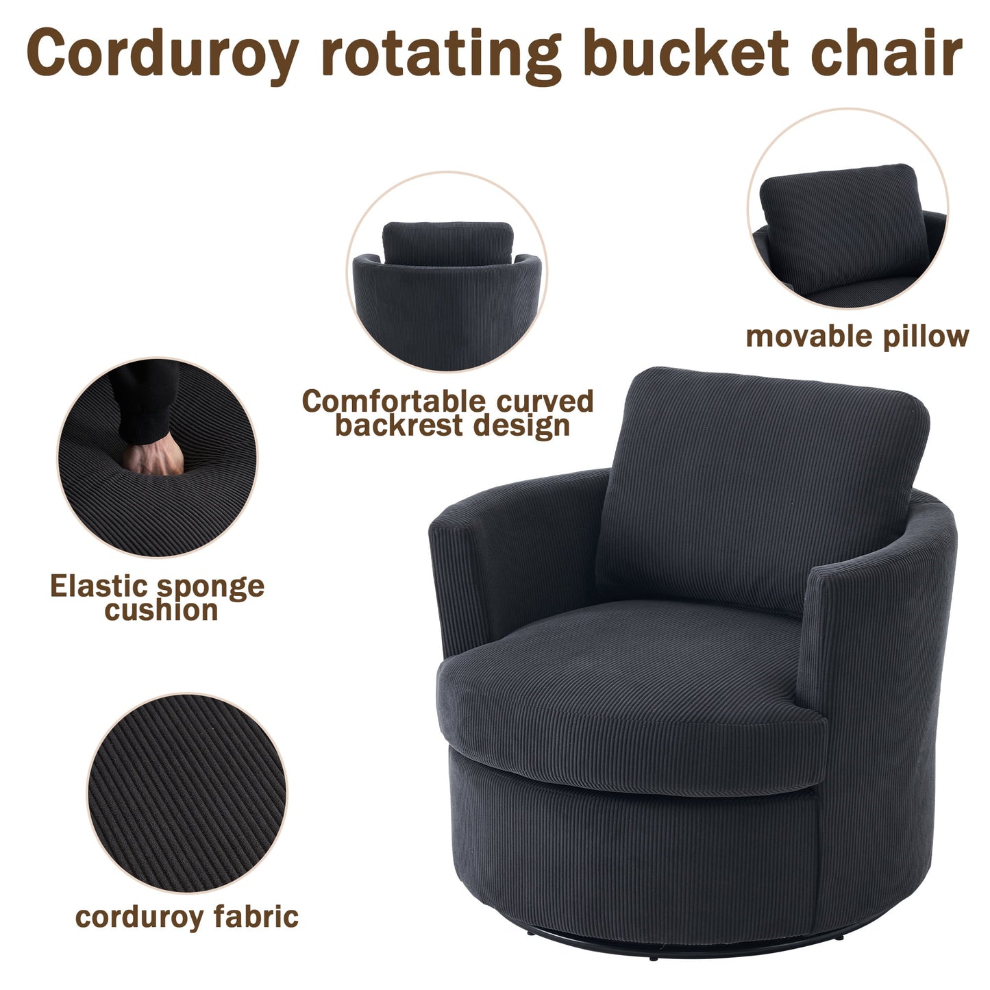Aukfa 32in Swivel Accent Chair Barrel Chair with Pillow for Living Room Bedroom, Corduroy, Black