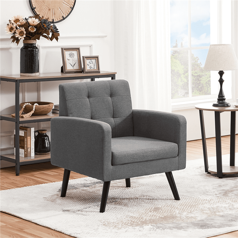 Alden Design Modern Tufted Accent Arm Chair with Rubber Wood Leg for Living Room, Dark Gray
