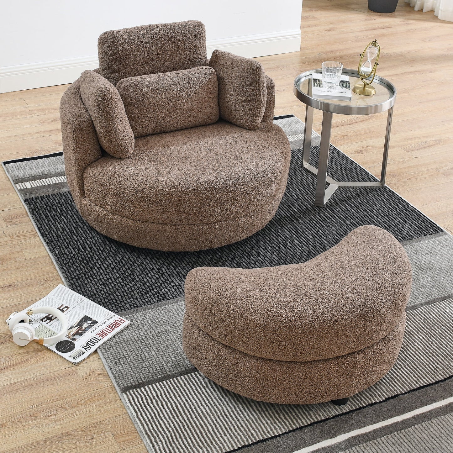 39inW Oversized Swivel Chair with Storage Ottoman and 4 Pillows, Swivel Barrel Chair for Living Room,Round Teddy Fabric Modern Accent Round Loveseat, Armchair Sofa Lounger for Bedroom,Grey Teddy